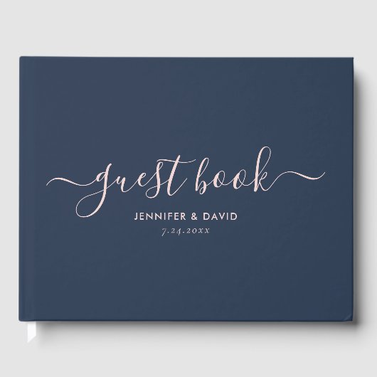 Modern Navy Blue en Blush Script Wedding Gastenboek (Voorkant)