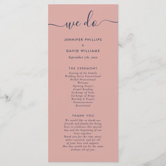 Modern Navy Blue en Blush We wedden Programmakaart (Voorkant)