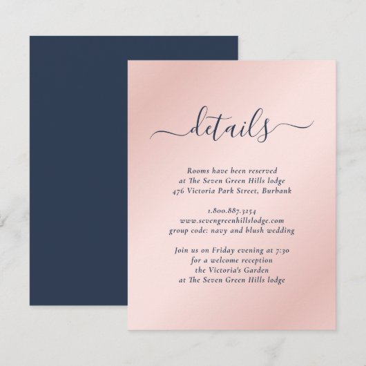 Modern Navy Blue en Blush Wedding Informatiekaartje (Voorkant / Achterkant)