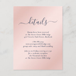 Modern Navy Blue en Blush Wedding Informatiekaartje