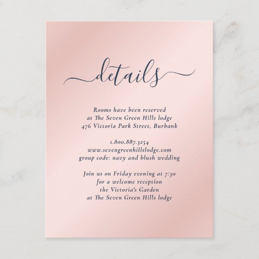Modern Navy Blue en Blush Wedding Informatiekaartje (Voorkant)