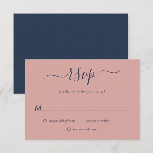 Modern Navy Blue en Blush Wedding RSVP-kaarten RSVP Kaartje (Voorkant / Achterkant)