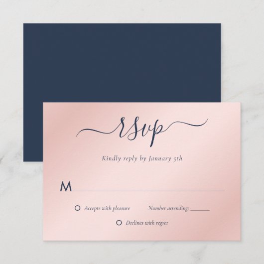 Modern Navy Blue en Blush Wedding RSVP Kaartje (Voorkant / Achterkant)