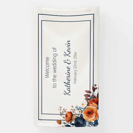 Modern Navy Blue en Burnt Sinaasappel bruiloft Spandoek (Verticaal)