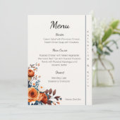 Modern Navy Blue en Burnt Sinaasappel Wedding Menu (Staand voorkant)
