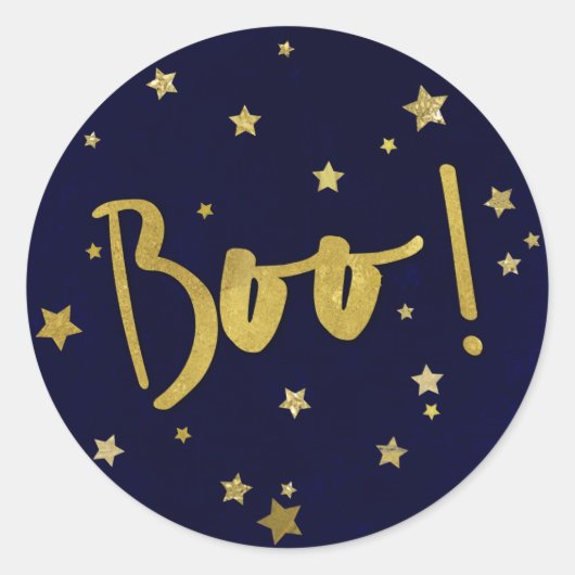 Modern Navy Blue en Gold Stars Halloween Boo! Ronde Sticker (Voorkant)