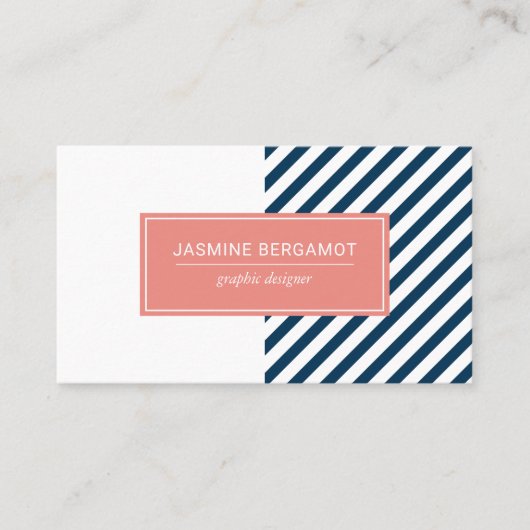 Modern Navy Blue en koraal Graphic Striped Visitekaartje (Voorkant)