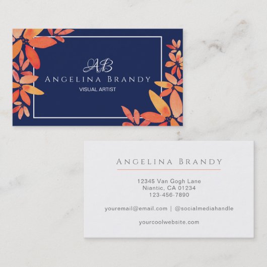 Modern Navy Blue en Oranje Floral Visitekaartje (Voorkant / Achterkant)