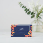 Modern Navy Blue en Oranje Floral Visitekaartje (Staand voorkant)