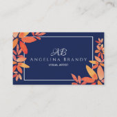 Modern Navy Blue en Oranje Floral Visitekaartje (Voorkant)