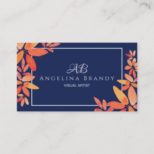 Modern Navy Blue en Oranje Floral Visitekaartje (Voorkant)