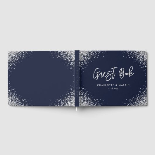 Modern Navy Blue en Silver Glitter Wedding Gastenboek (Volledig)