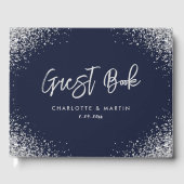 Modern Navy Blue en Silver Glitter Wedding Gastenboek (Voorkant)