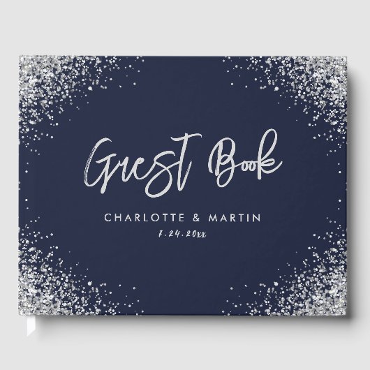 Modern Navy Blue en Silver Glitter Wedding Gastenboek (Voorkant)