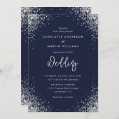 Modern Navy Blue en Silver Glitter Wedding Kaart (Voorkant / Achterkant)