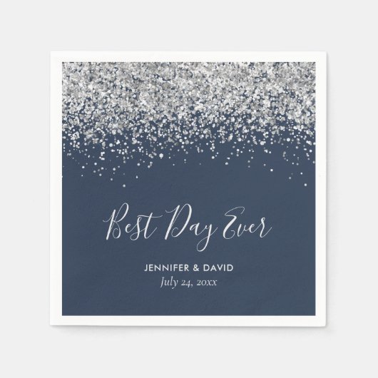 Modern Navy Blue en Silver Glitter Wedding Servet (Voorkant)