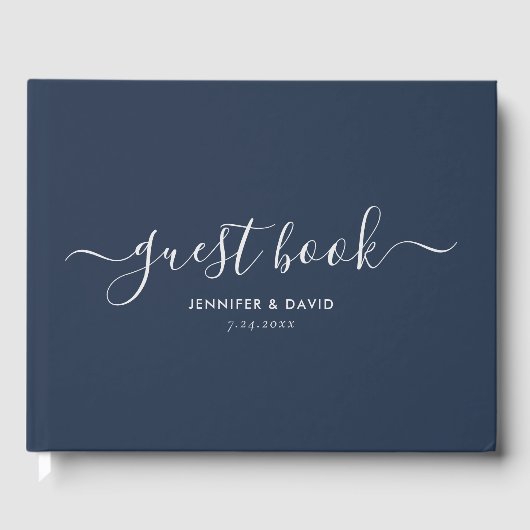 Modern Navy Blue en Silver Script Wedding Gastenboek (Voorkant)