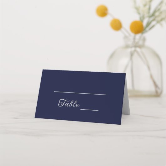 Modern Navy Blue en Silver Script Wedding Plaatskaartje (Voorkant)