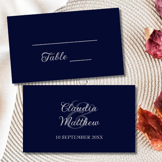 Modern Navy Blue en Silver Script Wedding Plaatskaartje