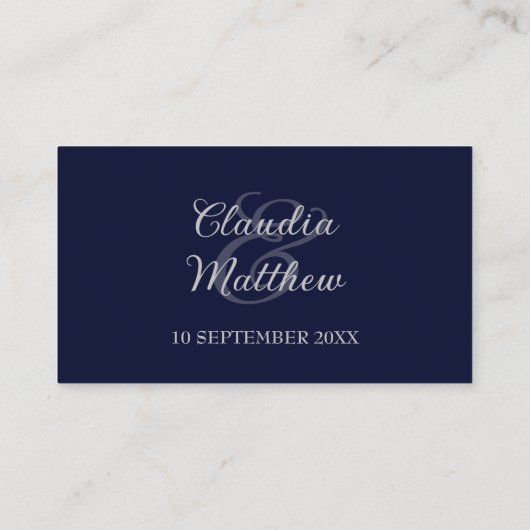 Modern Navy Blue en Silver Script Wedding Plaatskaartje (Achterkant)