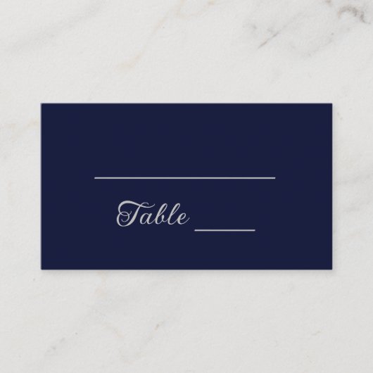 Modern Navy Blue en Silver Script Wedding Plaatskaartje (Voorkant)