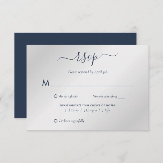 Modern Navy Blue en Silver Wedding RSVP Kaartje (Voorkant / Achterkant)