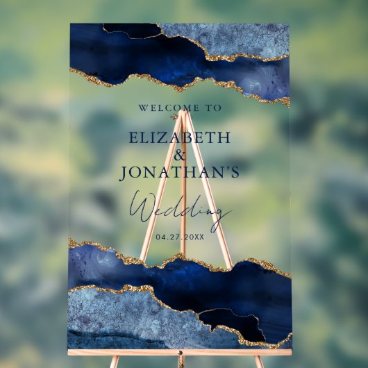 Modern Navy Blue Faux Gold Wedding Welkom Acryl Bord (Neutraal)