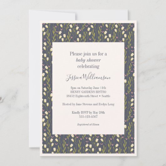 Modern Navy Blue Floral Boho Chic Baby shower Kaart (Voorkant)