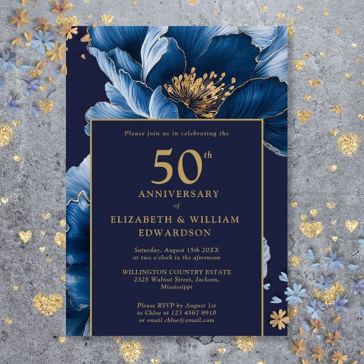Modern Navy Blue Floral Elegant 50e Jubileum Kaart