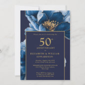 Modern Navy Blue Floral Elegant 50e Jubileum Kaart (Voorkant)