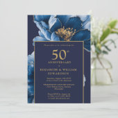 Modern Navy Blue Floral Elegant 50e Jubileum Kaart (Staand voorkant)