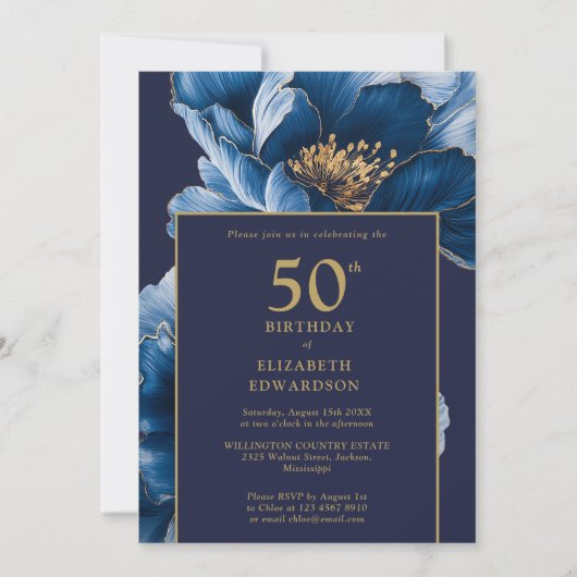 Modern Navy Blue Floral Elegant Birthday Kaart (Voorkant)