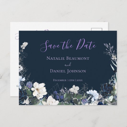 Modern Navy Blue Floral Save the Date Aankondigingskaart (Voorkant / Achterkant)