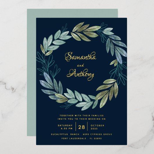 Modern Navy Blue Floral Wedding Folie Uitnodiging (Voorkant / Achterkant)