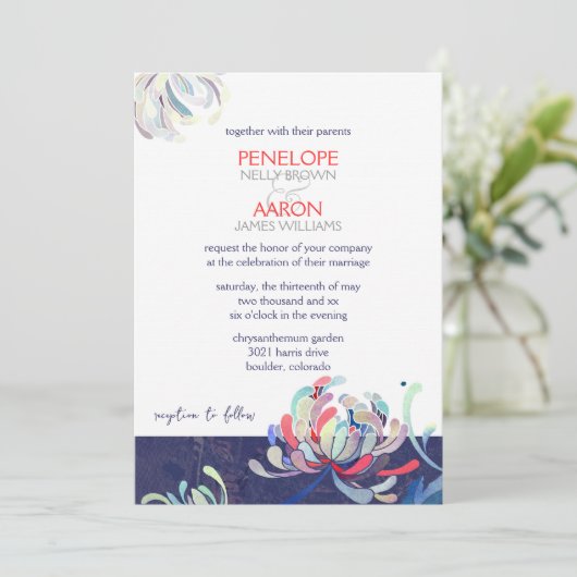 Modern Navy Blue Floral Wedding Kaart (Staand voorkant)