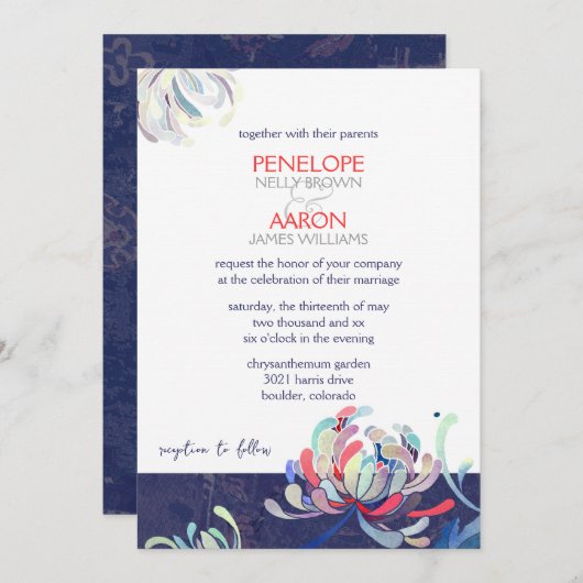 Modern Navy Blue Floral Wedding Kaart (Voorkant / Achterkant)