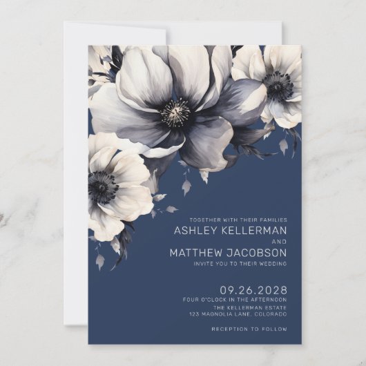 Modern Navy Blue Floral Wedding Kaart (Voorkant)