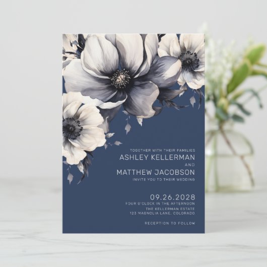Modern Navy Blue Floral Wedding Kaart (Staand voorkant)