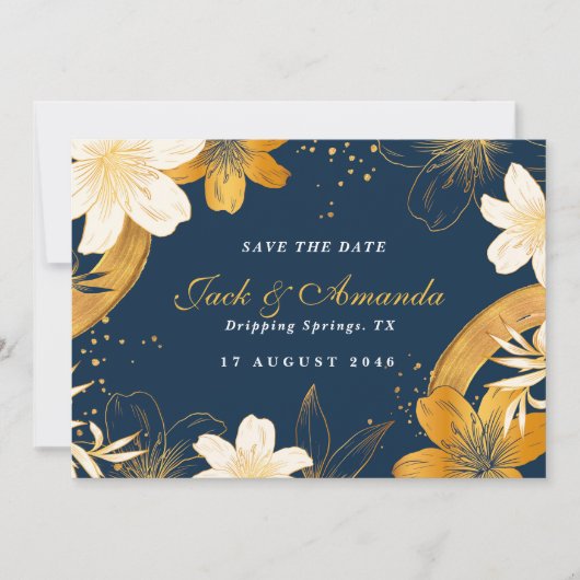 Modern Navy Blue Flower Wedding save the date kaar Kaart (Voorkant)