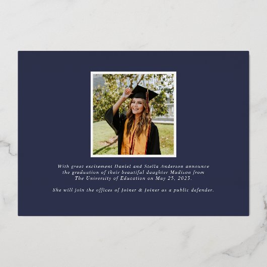 Modern Navy Blue Foto Afstuderen Aankondiging (Achterkant)