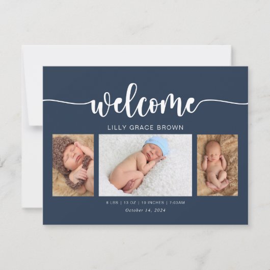 Modern Navy Blue Fotoaankondiging Kaart (Voorkant)