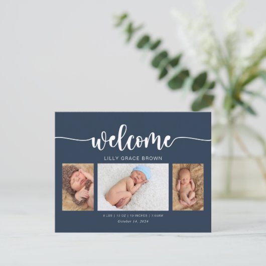 Modern Navy Blue Fotoaankondiging Kaart (Staand voorkant)