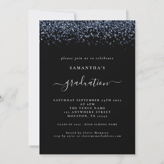 Modern Navy Blue Glitter 2024 Afstuderen Zwart Kaart (Voorkant)