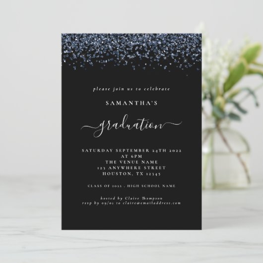 Modern Navy Blue Glitter 2024 Afstuderen Zwart Kaart (Staand voorkant)