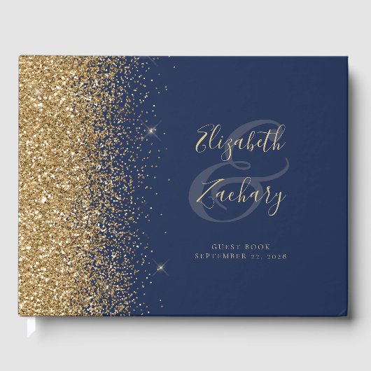 Modern Navy Blue Glitter Script Gastenboek (Voorkant)