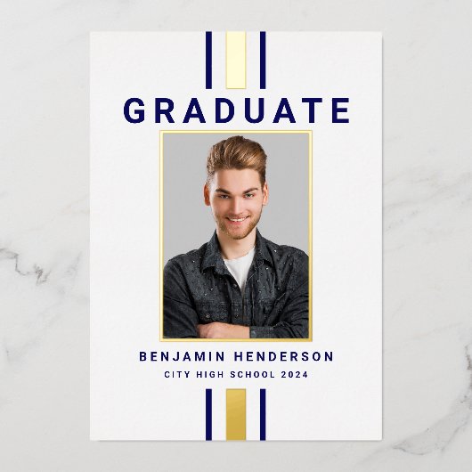Modern Navy Blue Gold Afstuderen Aankondiging (Voorkant)