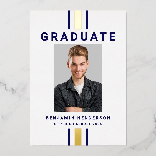 Modern Navy Blue Gold Afstuderen Aankondiging (Voorkant)