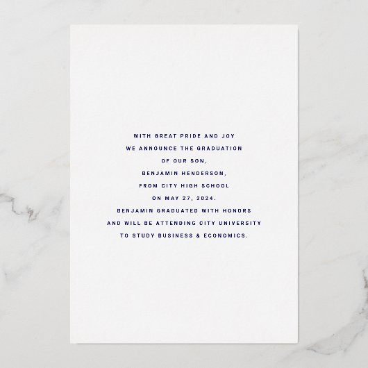 Modern Navy Blue Gold Afstuderen Aankondiging (Achterkant)