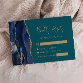 Modern Navy Blue Gold Agaat Blauwgroen bruiloft RS RSVP Kaartje