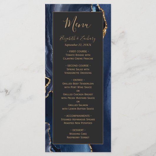 Modern Navy Blue Gold Agate Dark Wedding Menu (Voorkant)